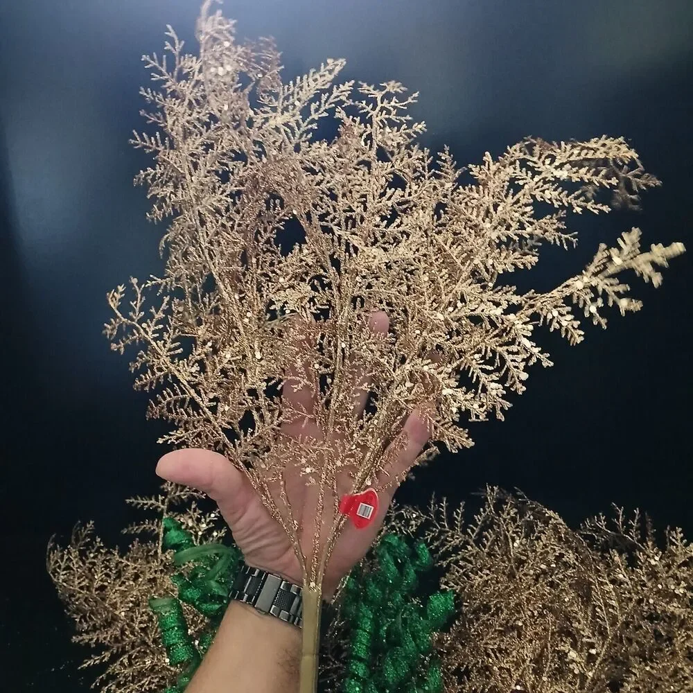 Hobby Lobby Large Christmas Holiday Floral Decor Pine Leaf Gold-Glitter Plastic